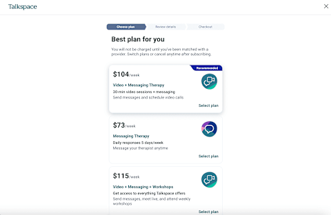 screenshot of Talkspace plan options